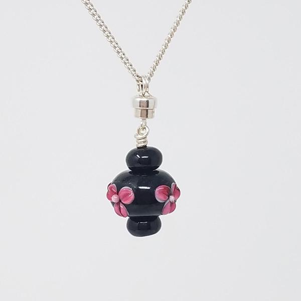 Pink Flowers on Black Round Glass